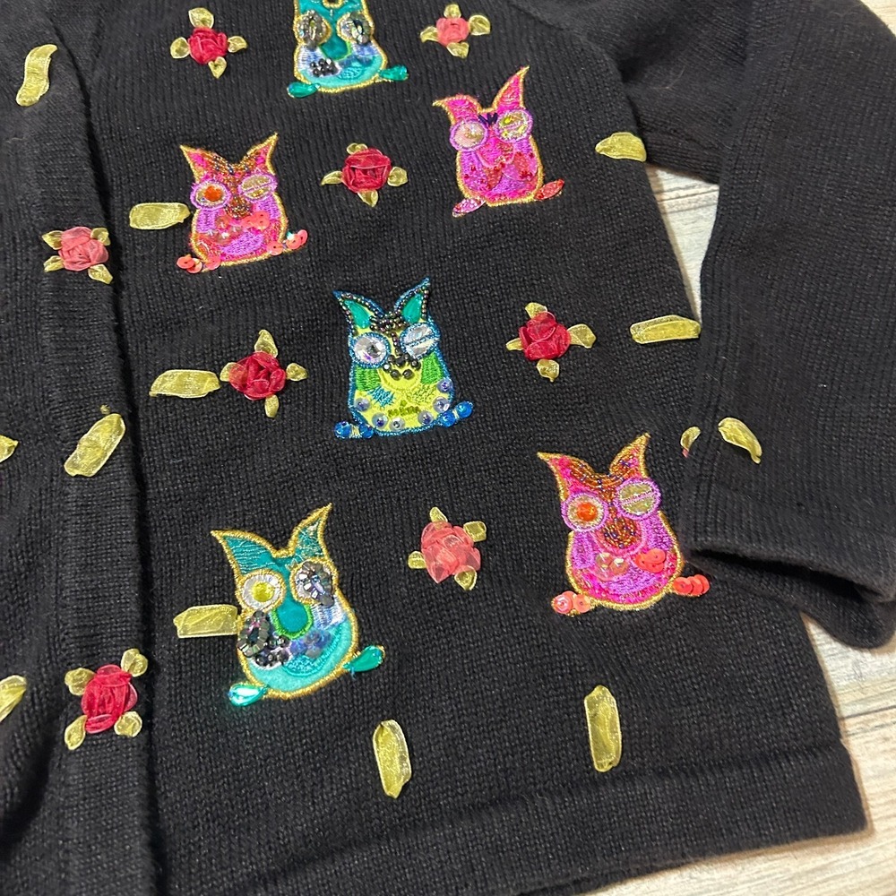 Jack B. Quick Owl Cardigan Sweater Large Black Embellished Bird Granny Grandma - Picture 3 of 9